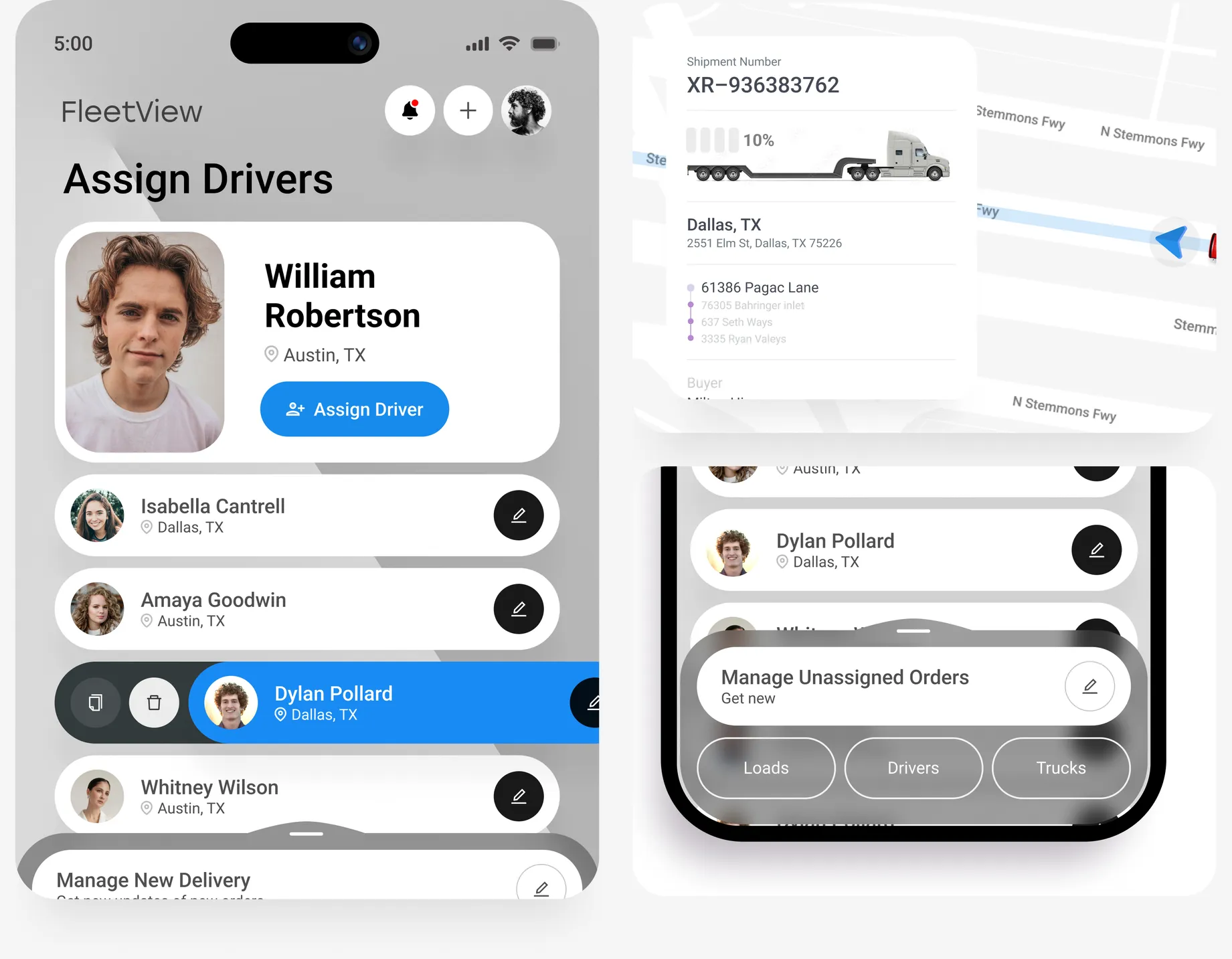 Assign drivers and unassigned orders mobile screens