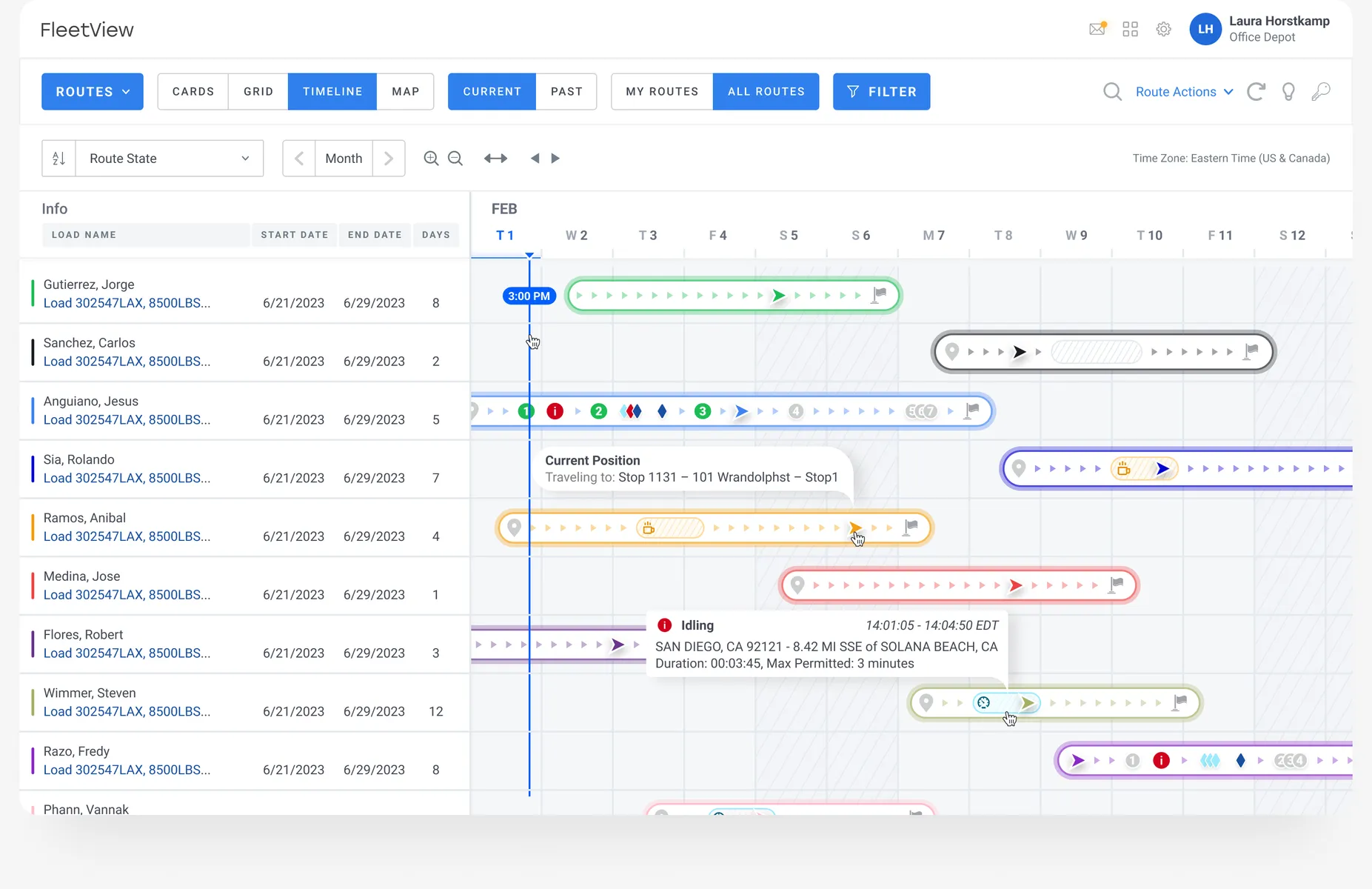 Routes timeline with stops per driver