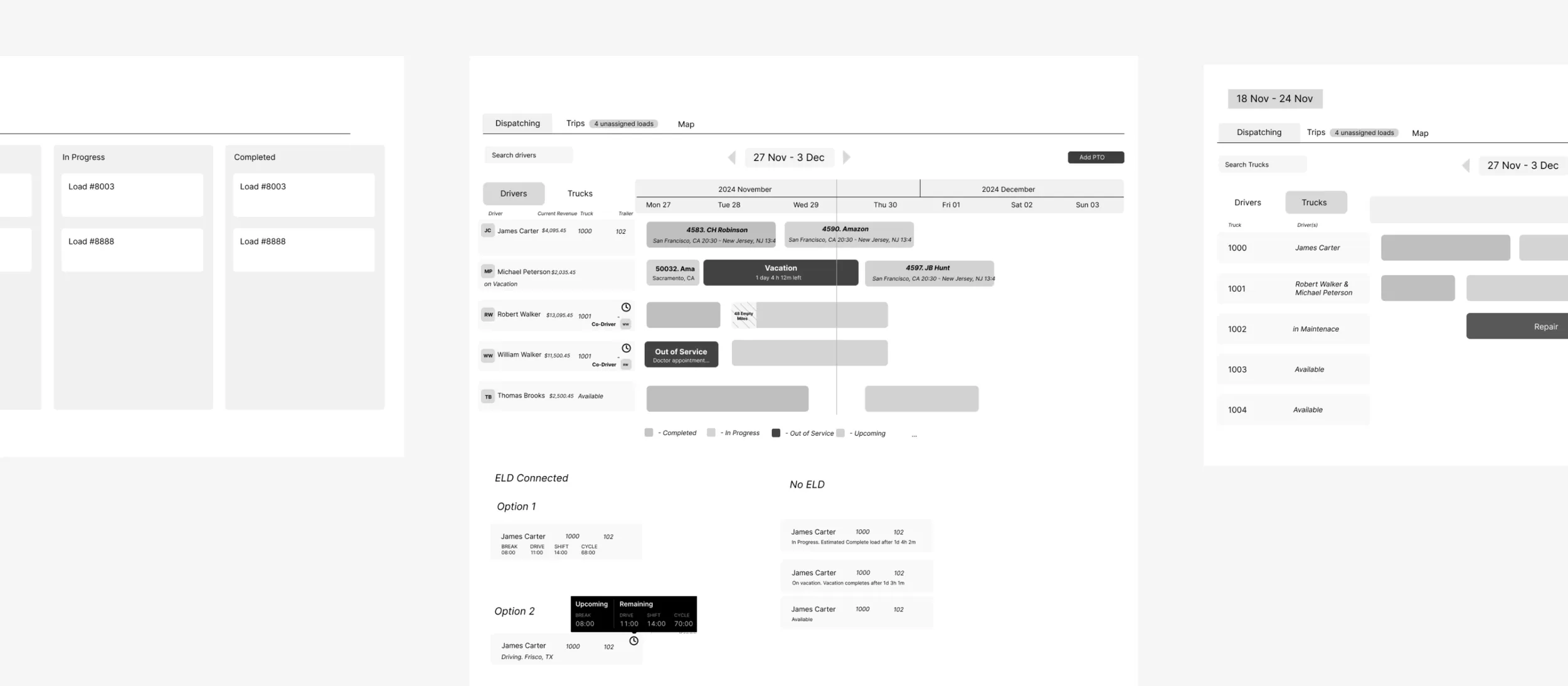 Dispatching board, timeline and driver wireframes